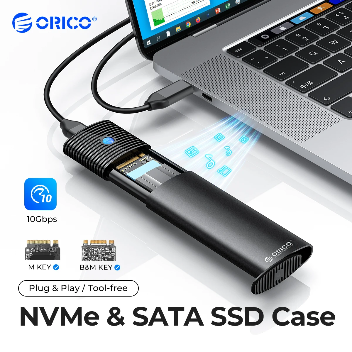 

ORICO M2 SSD Enclosure NVMe 10Gbps PCIe SSD Box for M.2 NVMe NGFF SATA SSD Disk Tool Free M.2 SSD Case Built-in Metal Heat Sink