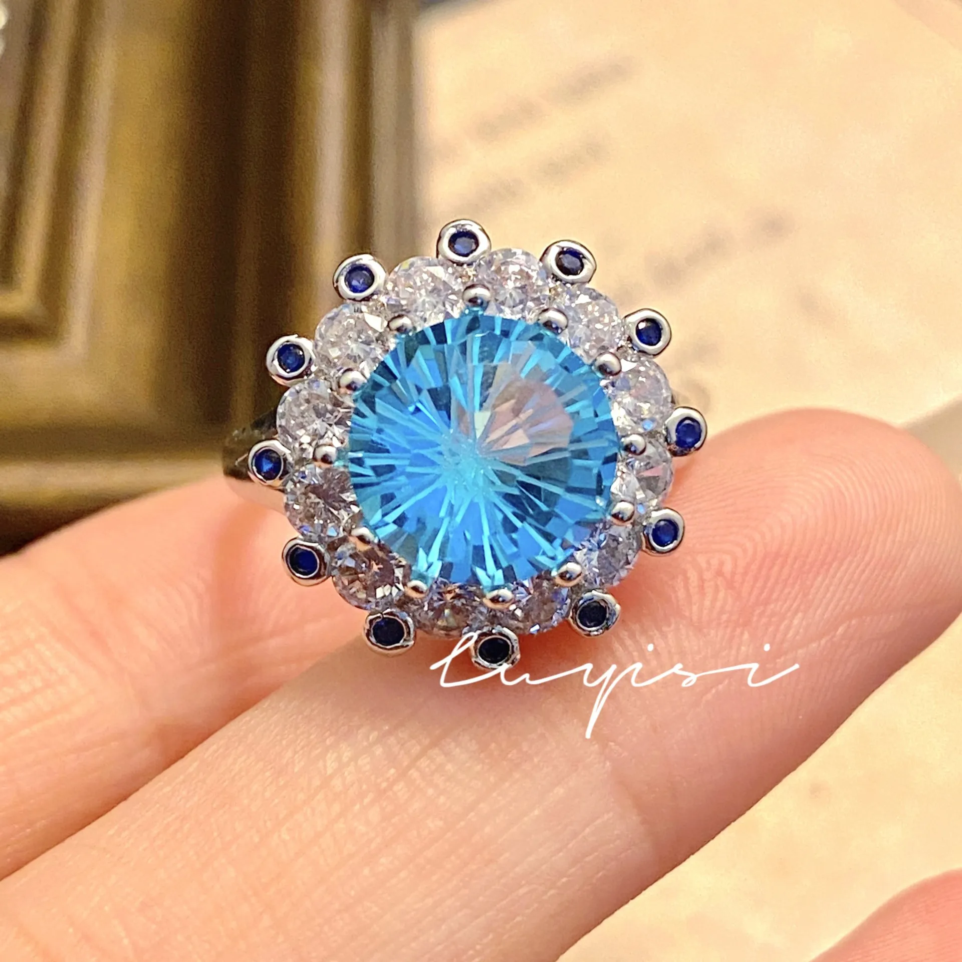 High-end luxury eight hearts and eight arrows imitation natural sky blue topaz ring women's 5-carat fireworks cut colorful treas