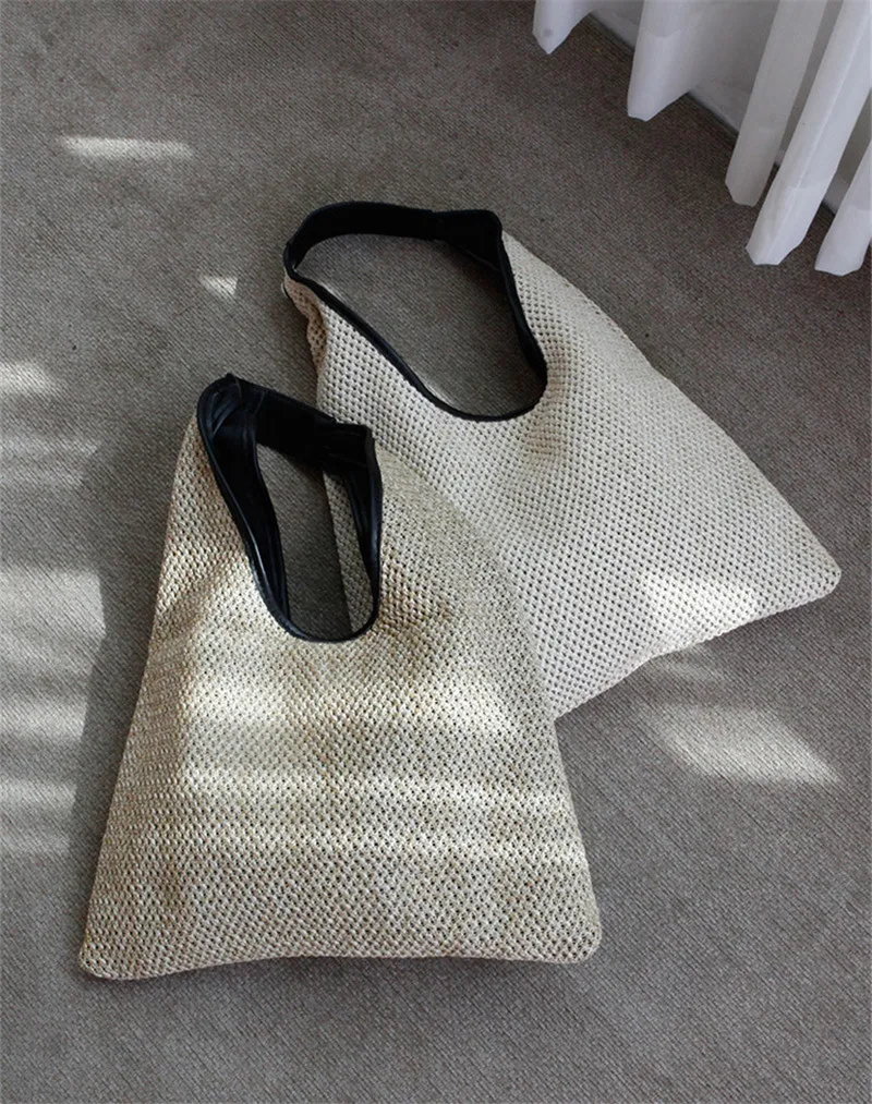 Bolso de hombro tejido para mujer, bandolera de cubo, color Beige y caqui, sólido, para vacaciones en la playa, nuevo