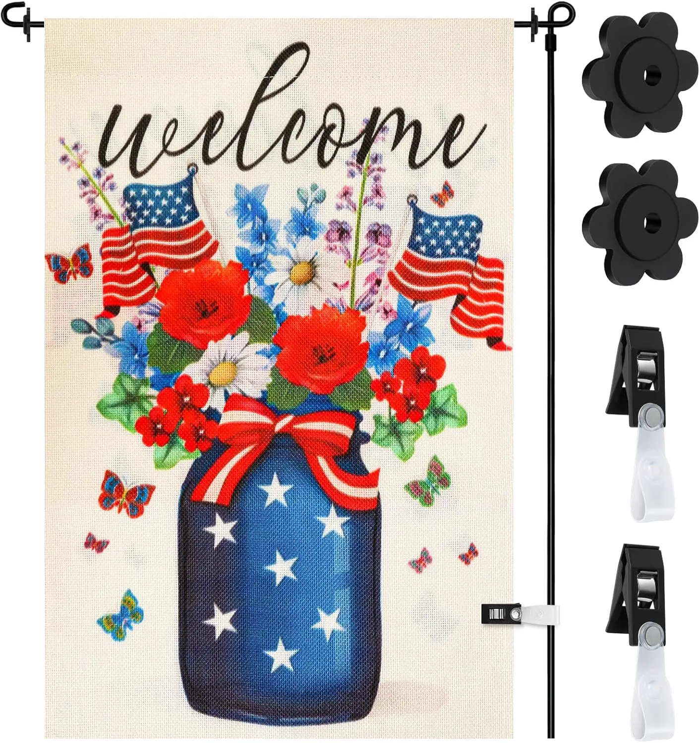 4th of July Garden Flags for Outside, 12x18 inch Double Sided Memorial Day Garden Flag Mason Jar Flowers Patriotic Garden Flag S