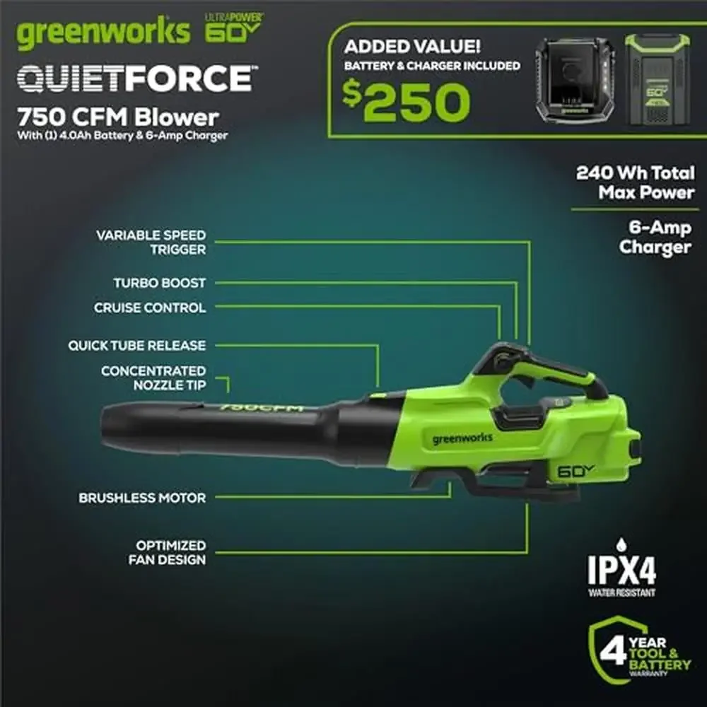 750 CFM 170 MPH Leaf Blower 60V with 4.0 Ah HC Battery & 6 Amp Charger Brushless Motor Variable Speed Trigger Turbo Mode