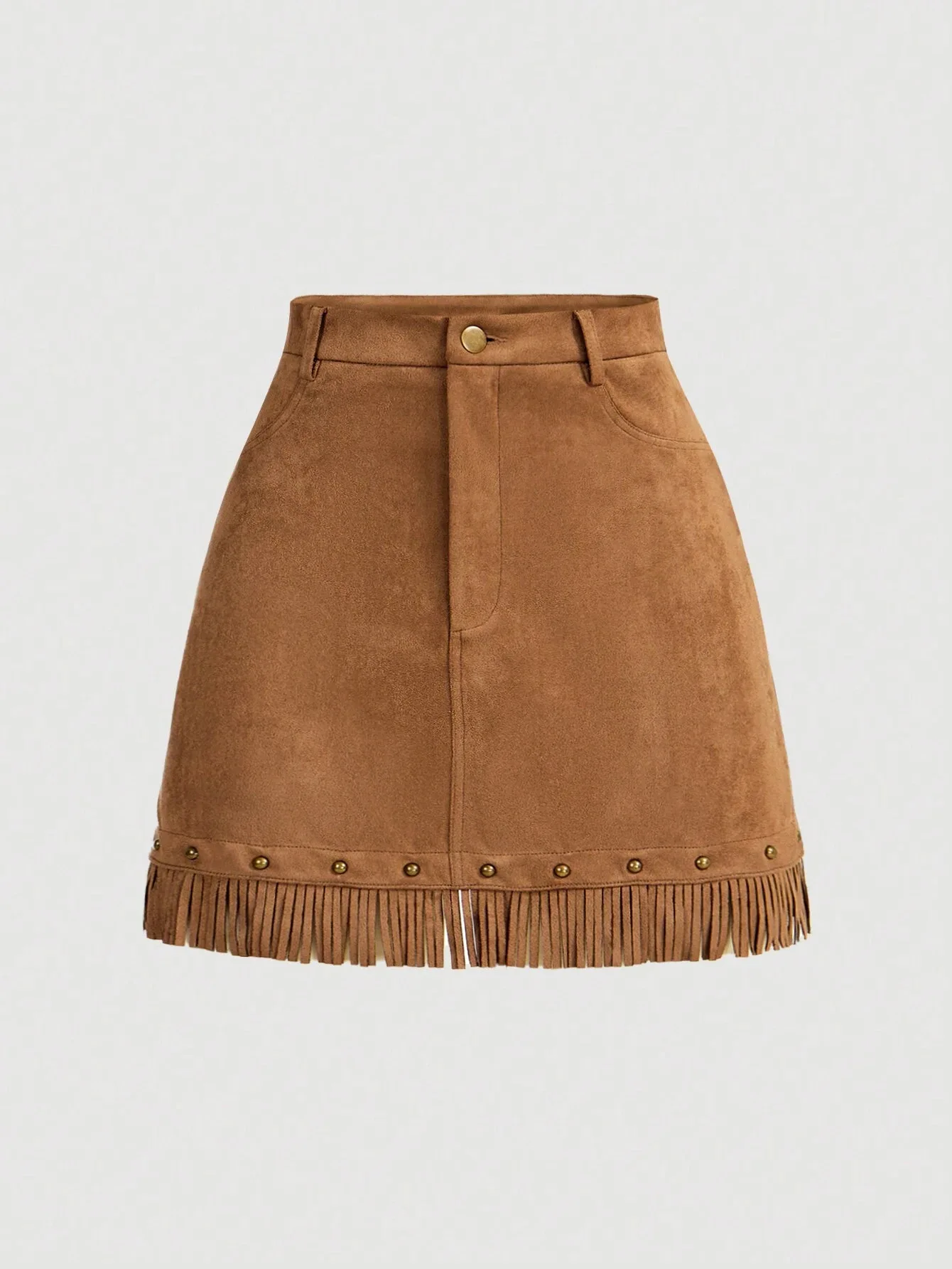 Women Faux Suede Fringe Mini Skirt Rivet Decor High Waist A Line Short Skirt with Pockets Western Style