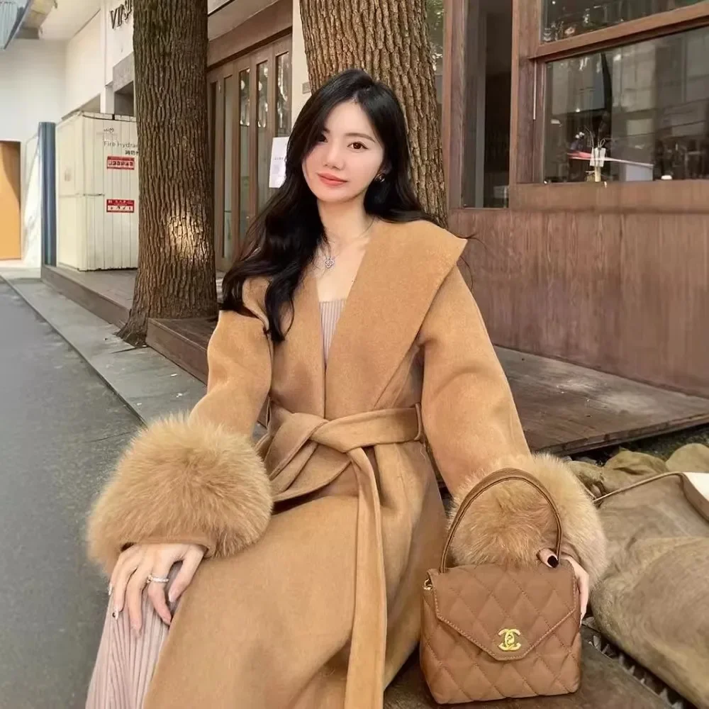 Donne Nuovo Grande Risvolto Lungo Pelliccia di Volpe Giacca di Lana Double-sided Cappotto di Cachemire Femminile Reale Cappotto di Pelliccia di Volpe Giacca di Lana 2024 Inverno Nuovo