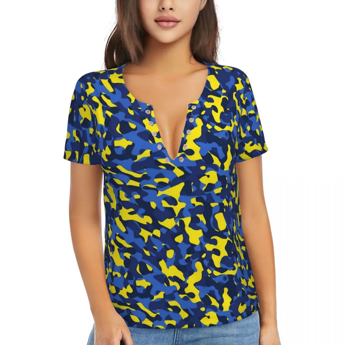 Camiseta con estampado de camuflaje para mujer, camisetas geniales Y2K de camuflaje azul y amarillo, camiseta personalizada de manga corta con cuello de pico Sexy, camisetas a la moda 2024