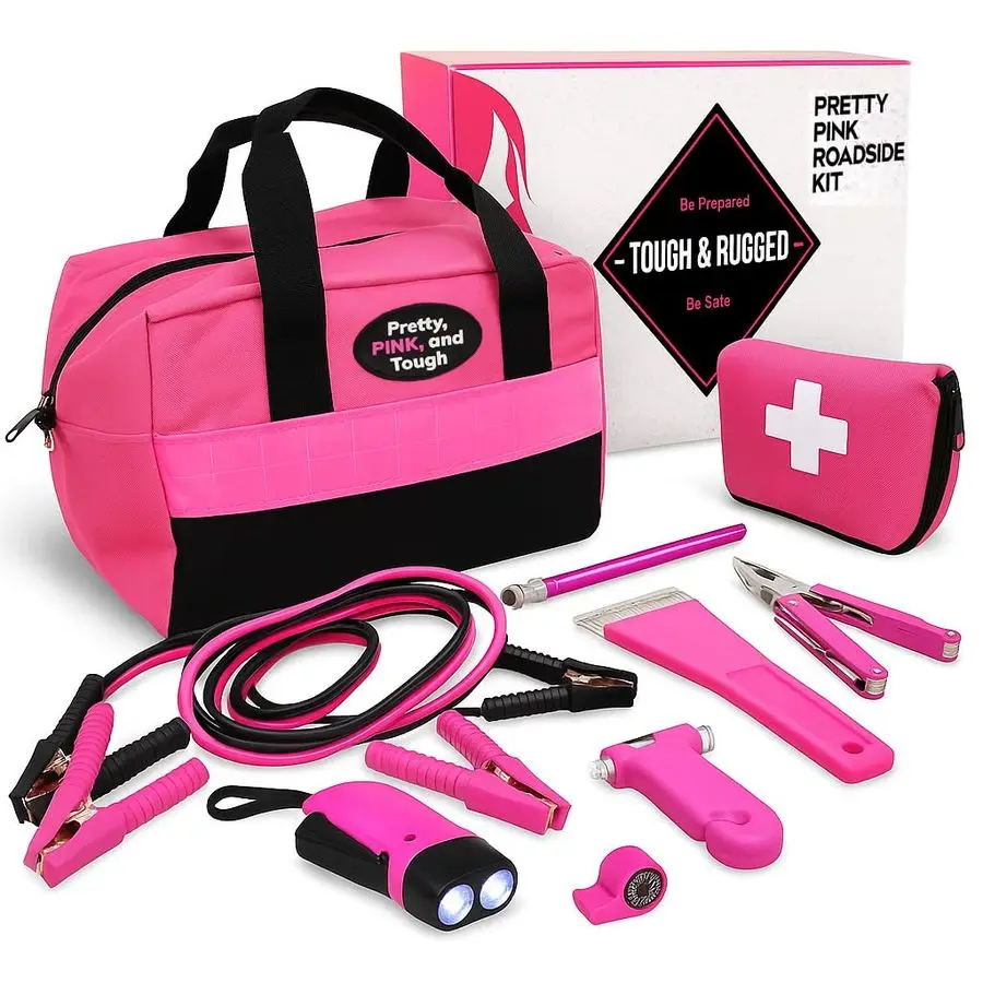 

Pink Roadside Kit Pink Emergency Kit for Teen Girls and Women Car Accessories for Women Durable Carry Bag with Long Jumper Cable