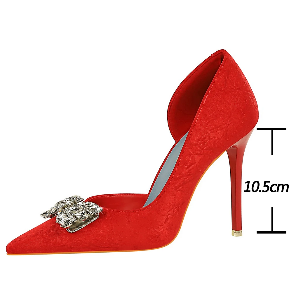 BIGTREE 靴合成皮革女性パンプスラインストーンちょう結びハイヒール 10.5 センチメートルハイヒール高級宴会靴大サイズ 43