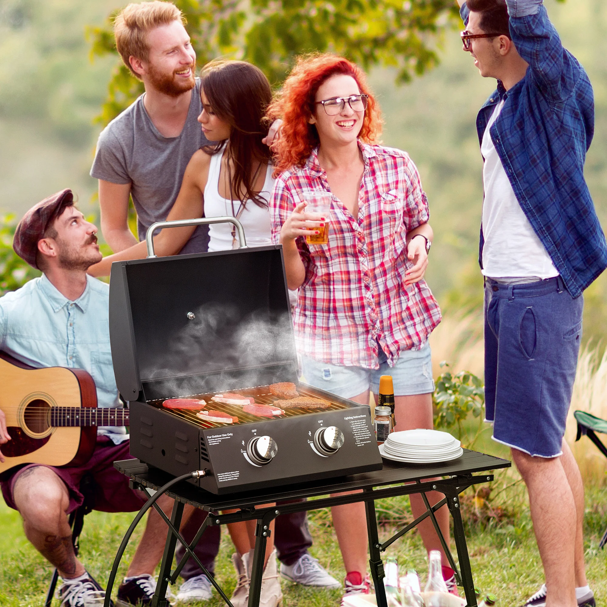 Outsunny-Parrilla de barbacoa de Gas portátil de sobremesa con 2 quemadores, termómetro con tapa
