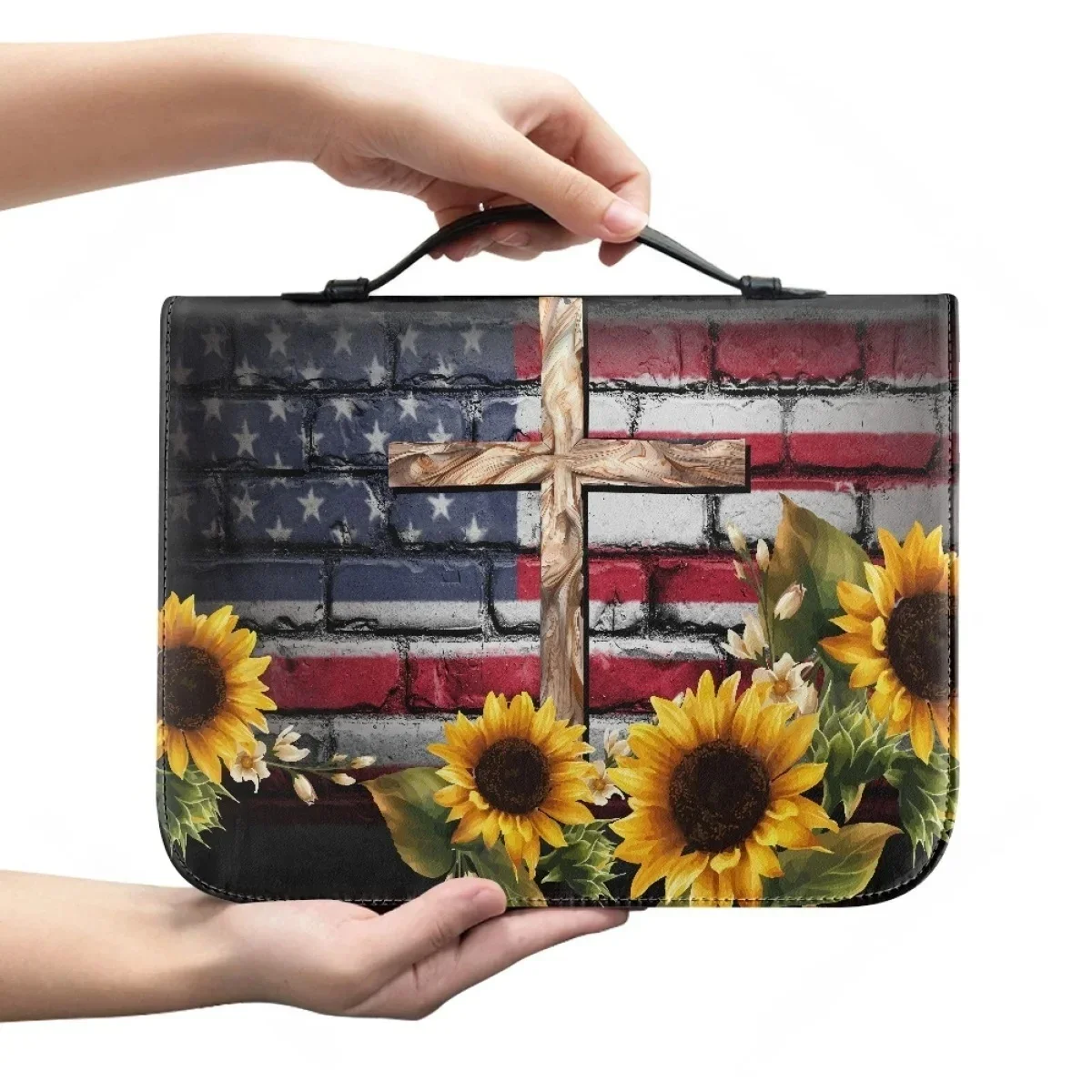 

2024 Women's Bible Storage Bag Retro US Flag Sunflower Cross Print Female PU Leather Holy Study Book Boxes Customized Handbag