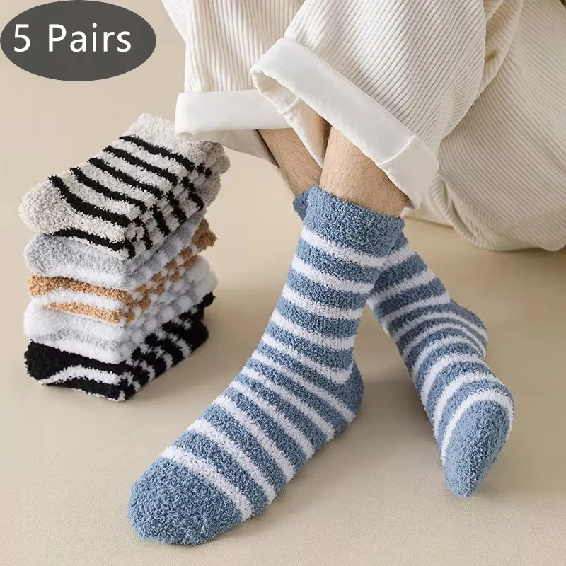 5 Pairs Thick Mens Thermal Socks Winter Warm Striped Coral Fleece Fluffy Solid Color Sleep Male Bed Socks Calcetines Hot Sell