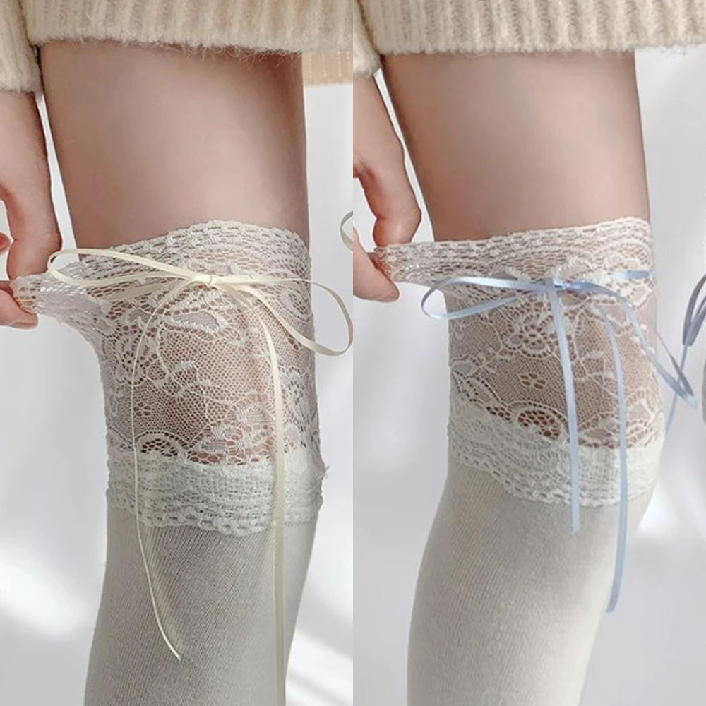 White Silk Bow Stockings Women Japanese Lace Trimmed Knee Arch Socks Autumn Winter Charming Bows Long Lolita Socks Over-the-knee