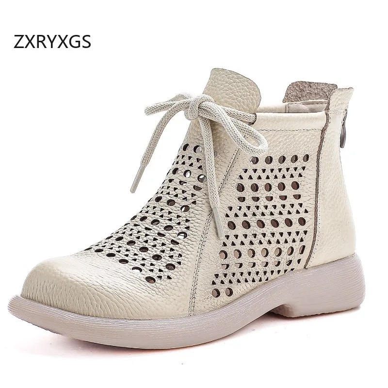 ZXRYXGS Promotion Soft Cowhide Hollow Boots Comfort Breathable Summer Cool Boots 2026 New Real Leather Women Modem Boots Flats