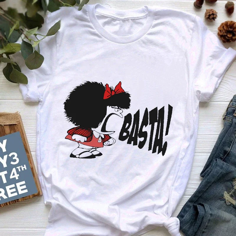 Mafalda T-shirt Women Summer Harajuku Letter Print Short Sleeve Fashion Creativity Casual Girl Tops Tee 90s Cartoon Tshirt Femme