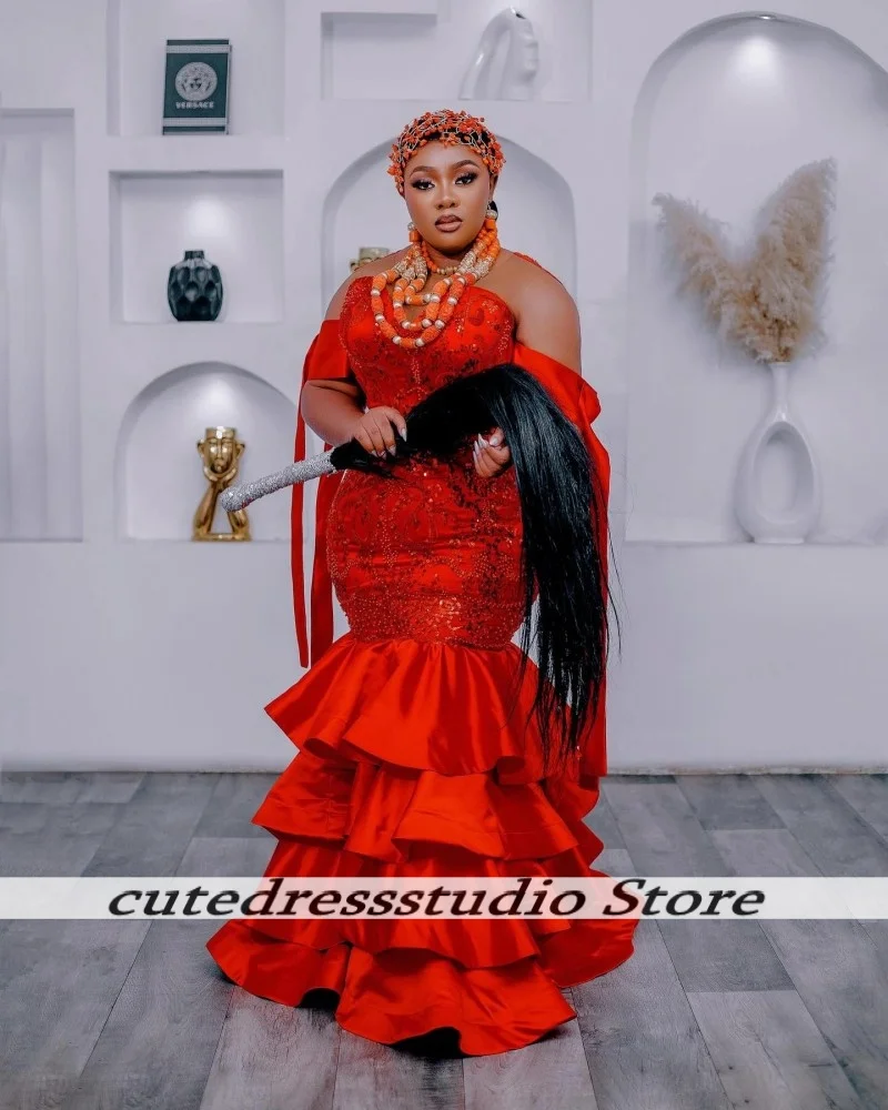 Red Multi-Layered Ruffles Mermaid Evening Gowns For African Girls Luxury Sequin Beaded Wedding Reception Party Dress Customized