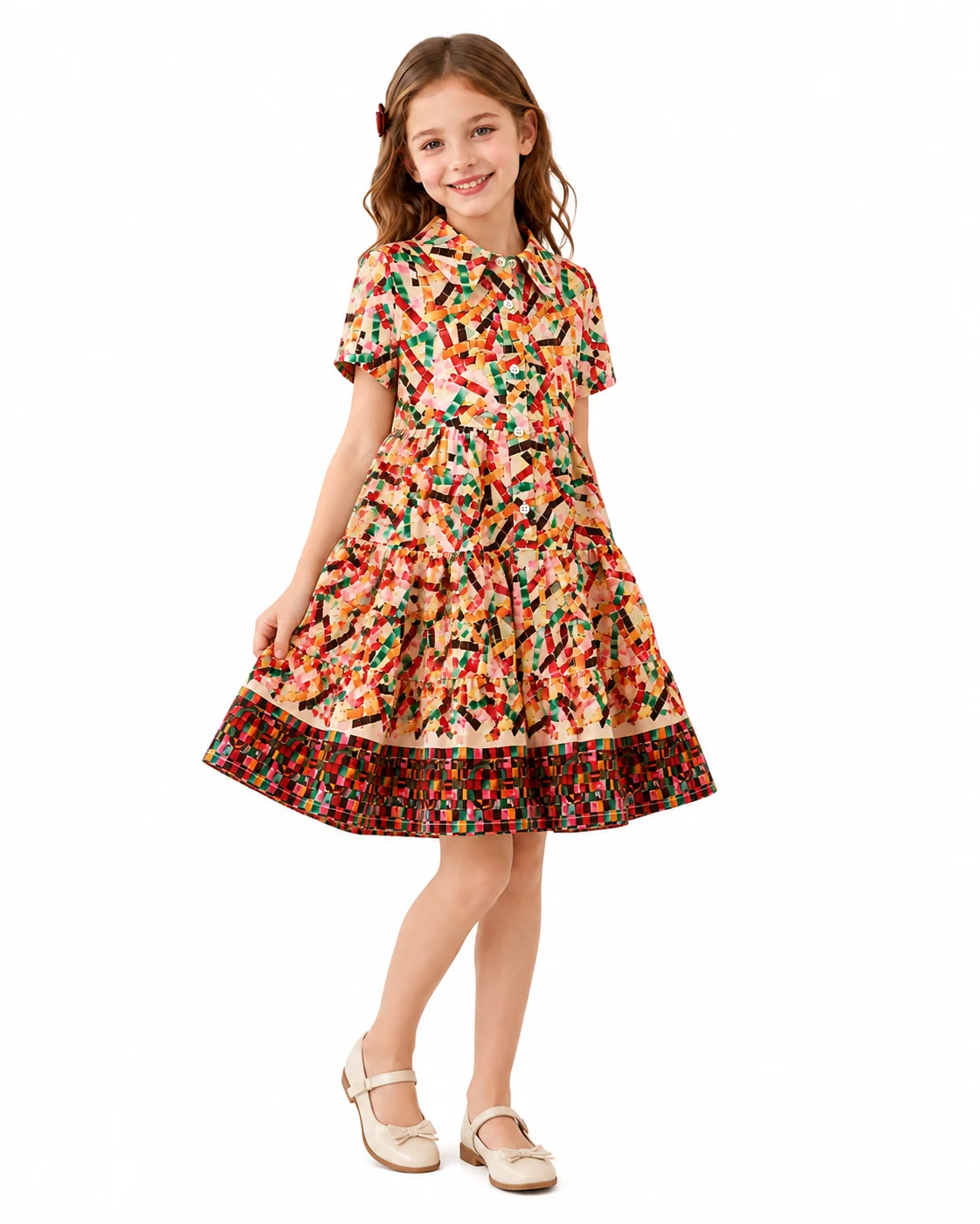 CH Kids Color Block Striped Print Shirt Dress Girls Lapel Short Sleeve Button Tiered Ruffle Dress Summer Children Casual Outfit