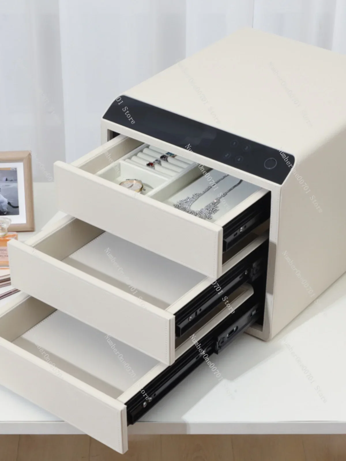 

Leather fingerprint jewelry safe password household small safe three-layer jewelry box storage drawer