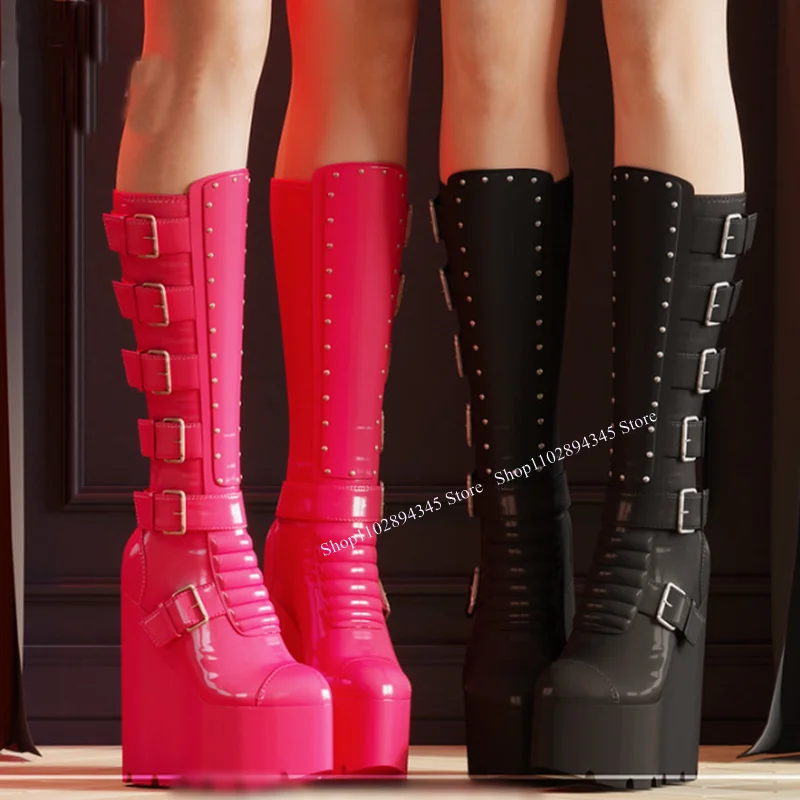 

Black Buckle Platform Knee High Boots Wedge Heel Round Toe Fashion Sexy Cool 2024 Winter Big Size Woman Shoes Zapatillas Mujer