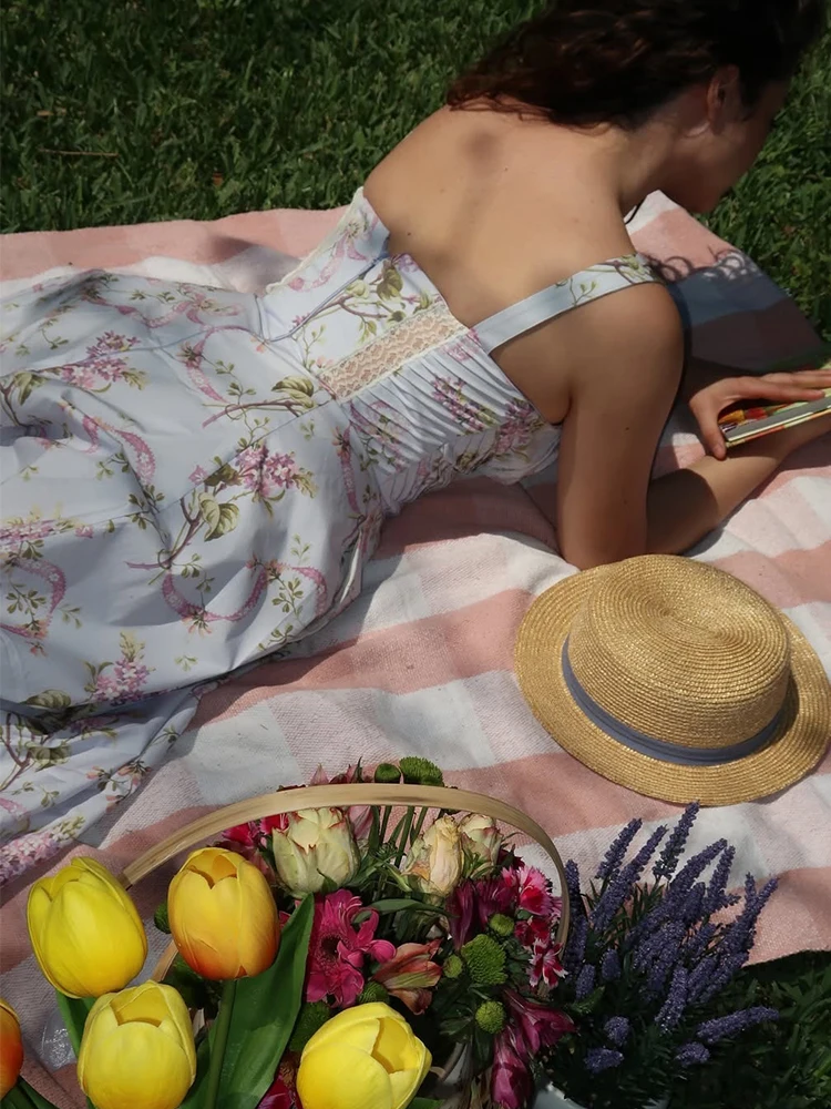 الدانتيل ديكور الصيف فستان المرأة الأزهار المطبوعة ميدي فستان الحفلات أنيقة ريترو بوهو فساتين Vinatge ألف خط الشاطئ Vestidos 2025