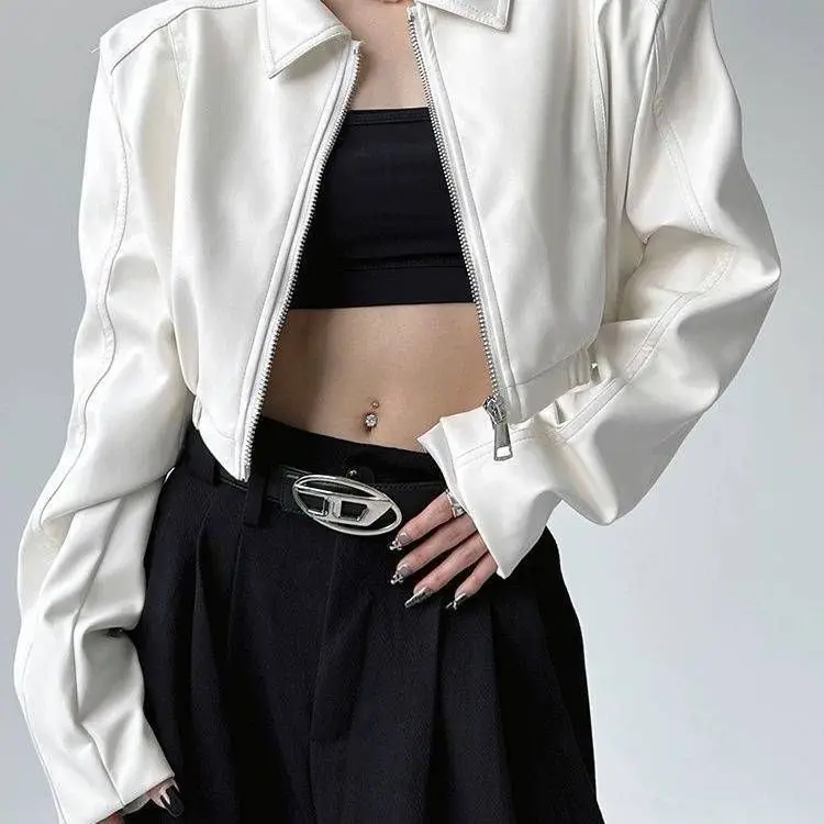 Y2k Black New PU Leather Jacket Cropped Jacket Long-sleeved Top Motorcycle Jackets Design Loose Streetwear Coat Trendy Vintage