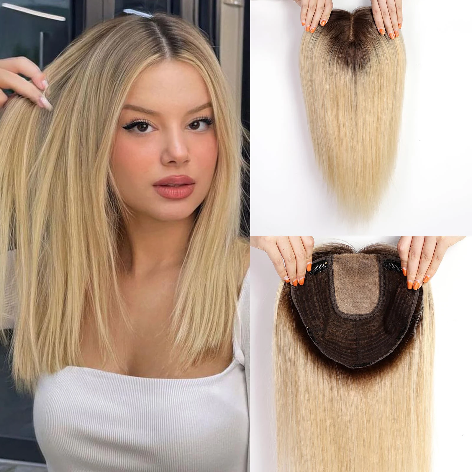 16 inch Bruin Ombre Menselijk Haar Toppers 9x9 inch 5 Clips Zijde Basis Natuurlijke Grote Basis Remy Haar Toppers in Extension Stuk voor Vrouwen