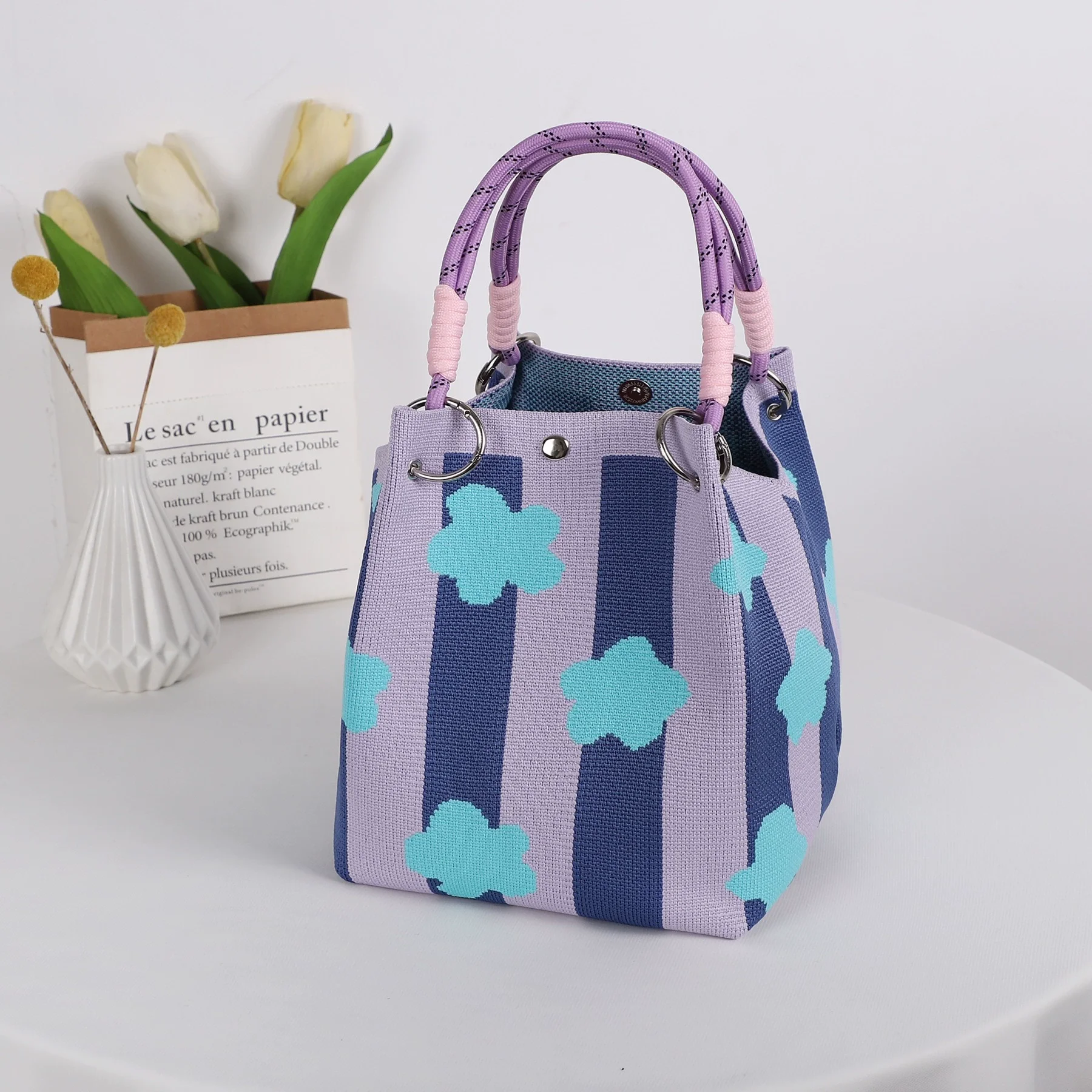 Multi-Color Knitted Retro Bucket Handbag Color-Block Simple Design Versatile Easy-Carry Retro Handbag