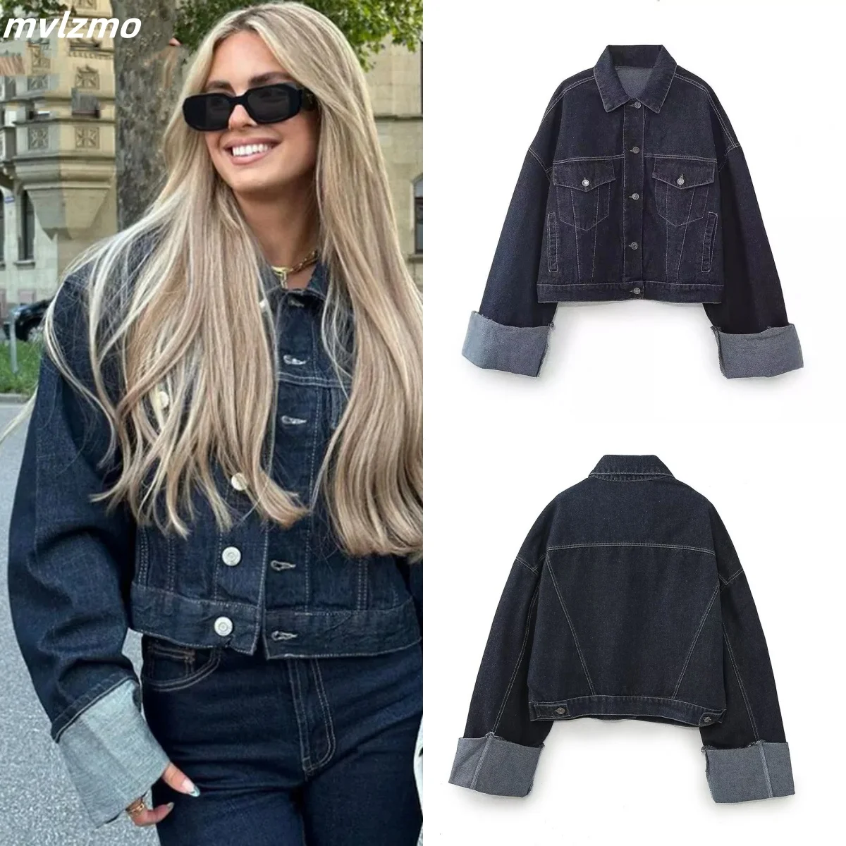 

Women Fashion With Pockets Denim Blue Single Breasted Jackets Vintage Lapel Neck Long Sleeves Female Chic Lady Outfits