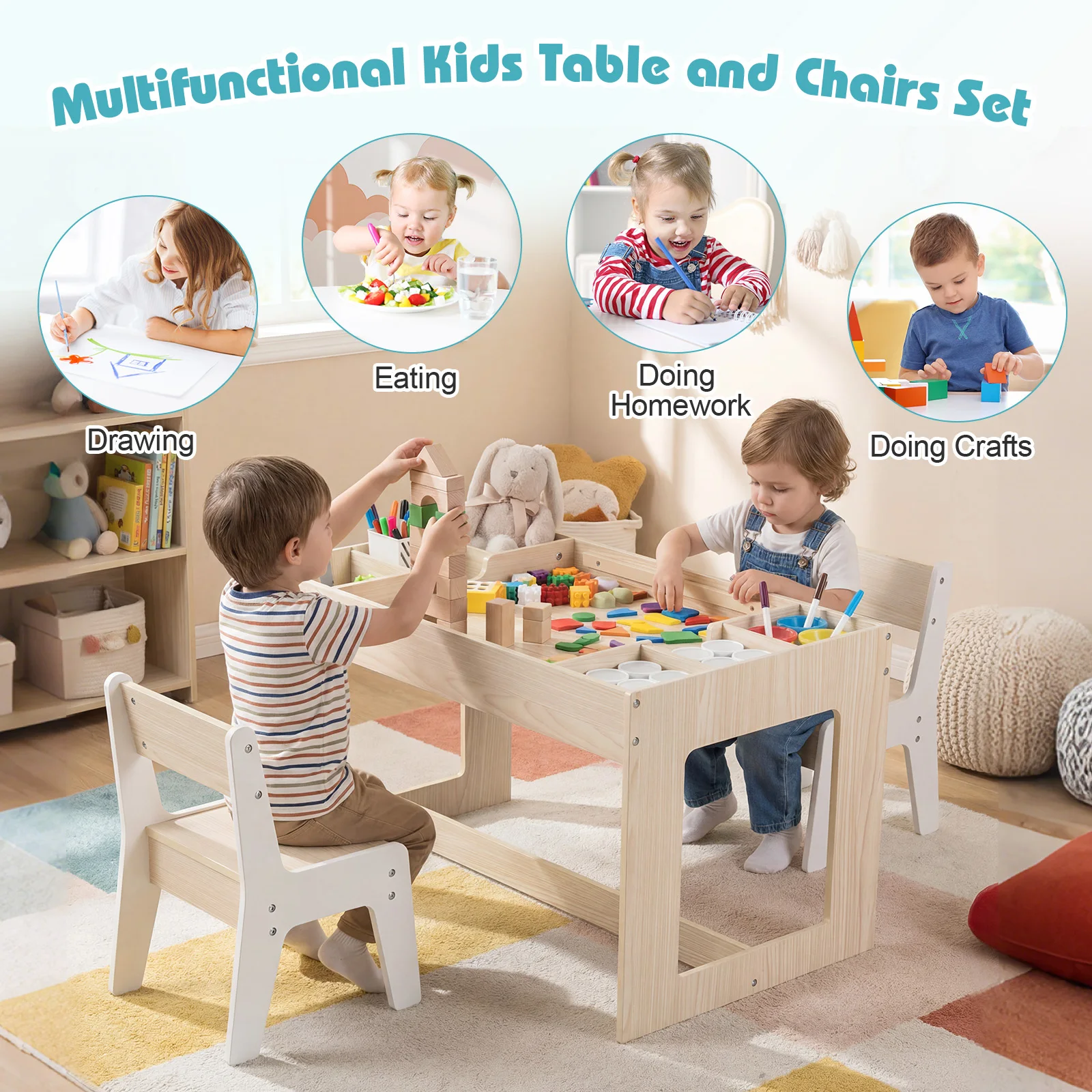 Multifunctional Kids Table & 2 Chairs Set w/ Removable Double-sized Tabletop view 5