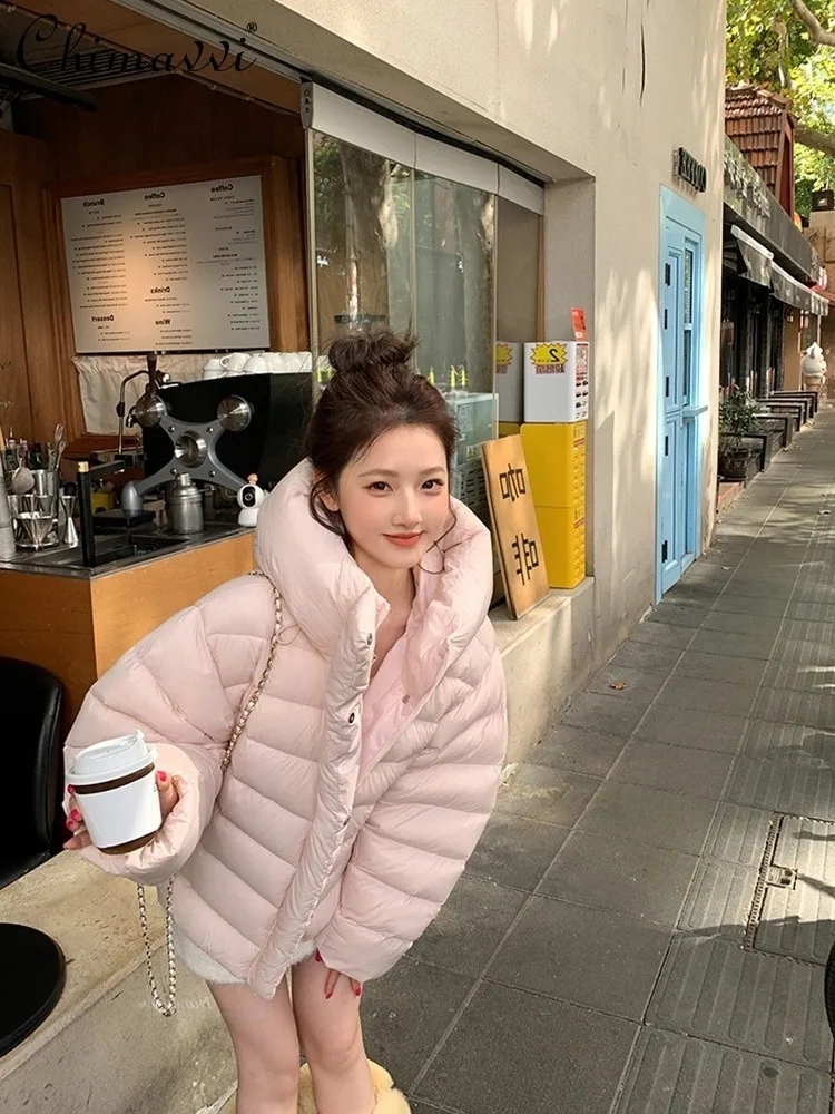 

2025 Winter Clothes New Pink Short Turtle Back Down Jacket for Women Fashion Sweet Hooded Loose Long Sleeve Elegant Warm Coat