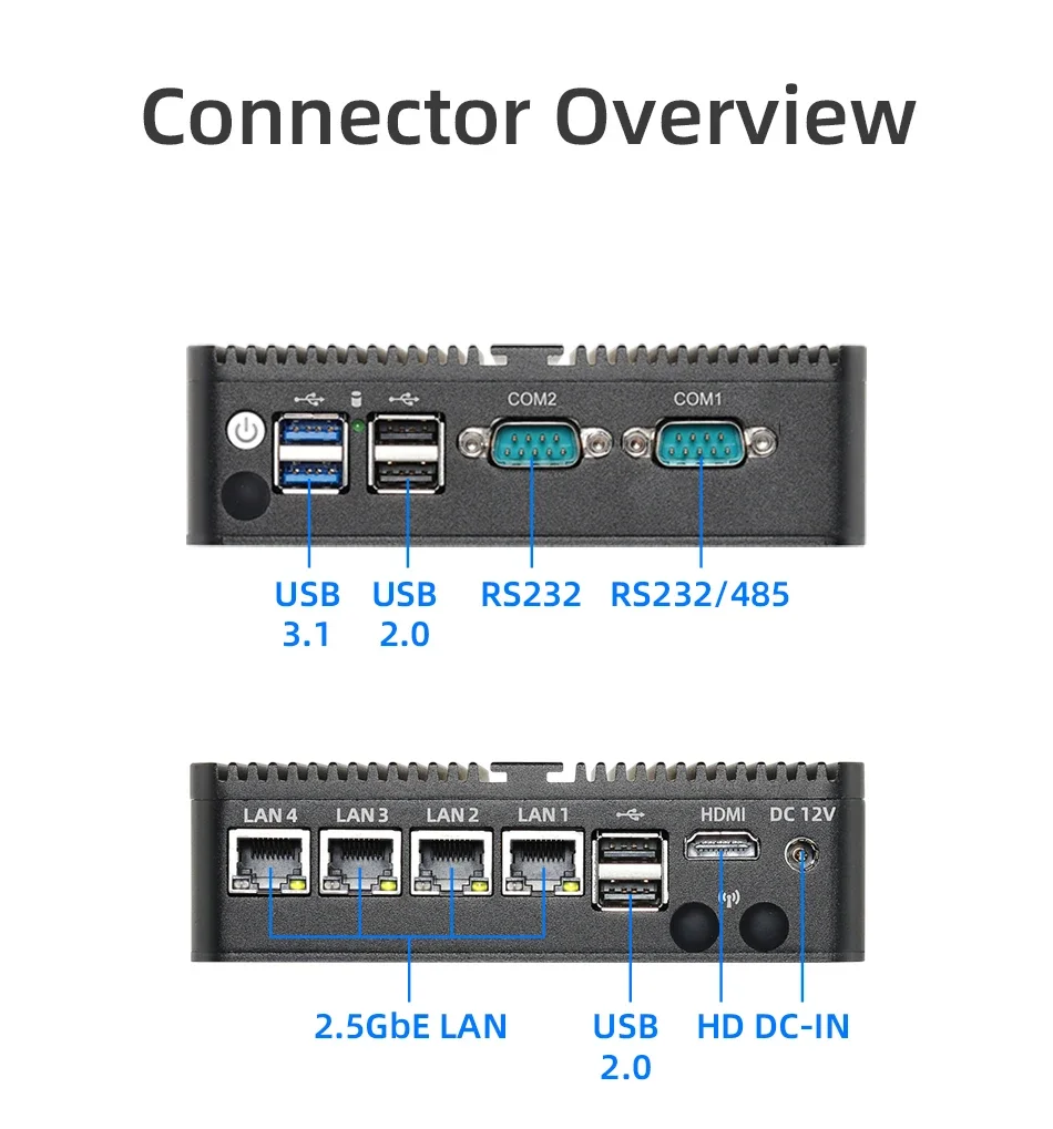 Bebepc lüfter los mini pc celeron j6412 ddr4 m.2 nvme 4 * intel i225v 2,5g lan rs232 rs485 db9 unterstützung wifi 3g 4g lte windows 11 linu