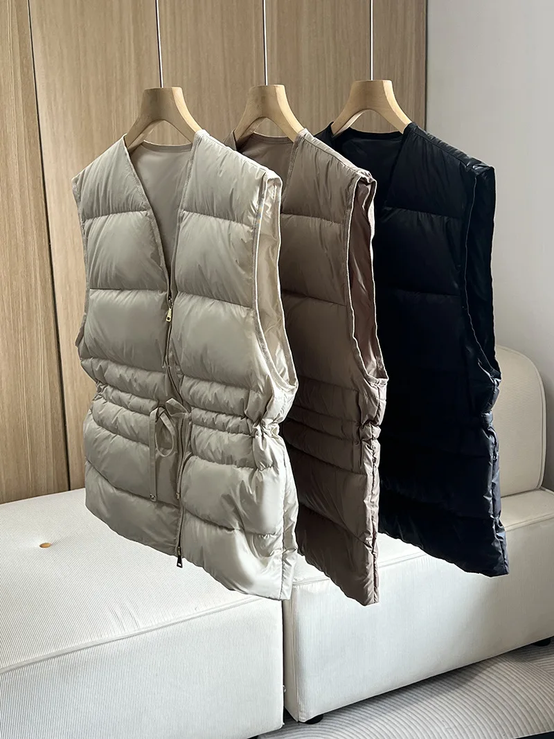 الخريف الشتاء الرباط خفيفة الوزن أسفل سترة الإناث الخامس الرقبة عادية مبطن سستة الصدريات النساء الأبيض بطة أسفل سترات فضفاضة