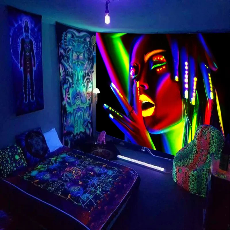 Shiny Woman Background Wall Fluorescent Tapestry Hanging Cloth Tiger City Night Skeleton Alien  Home Decor Mural