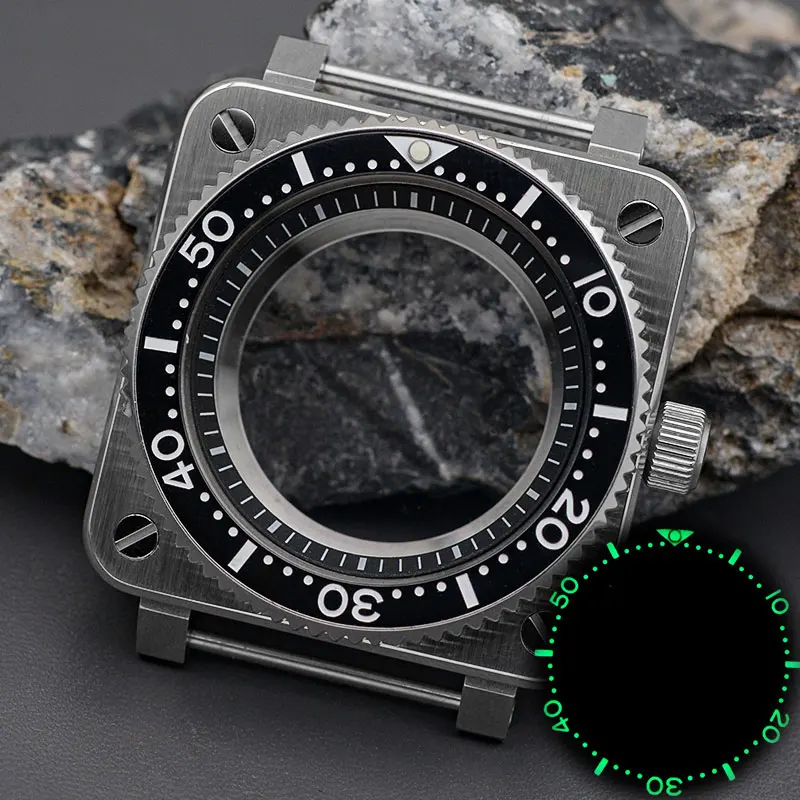 SKX007 Silver Square Case with Green Luminous Men Watch For NH35 NH36 movement Seiko Mod Pilot Cockpit Case Steel Bezel Insert