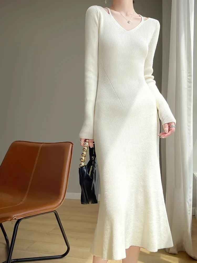 Feminino de malha longa dr emagrecimento interior usar camada base camisola dr cintura alta v-ne midi saia para outono inverno