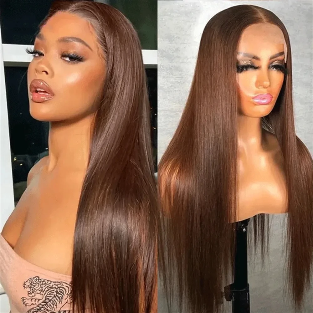 

4# Chocolate Brown Colored Human Hair Wigs For Women 13X4 Straight Lace Front Wigs 30 Inch Highlight Remy Brazilian Hair Wigs