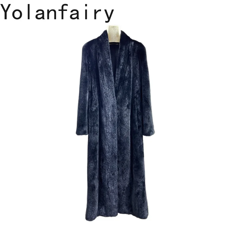 

YOLANFAIRY Real Mink Fur Coat Woman Luxury 2025 Winter V-neck Natural Whole Mink Fur Jacket Long Black Fur Coats Outerwears
