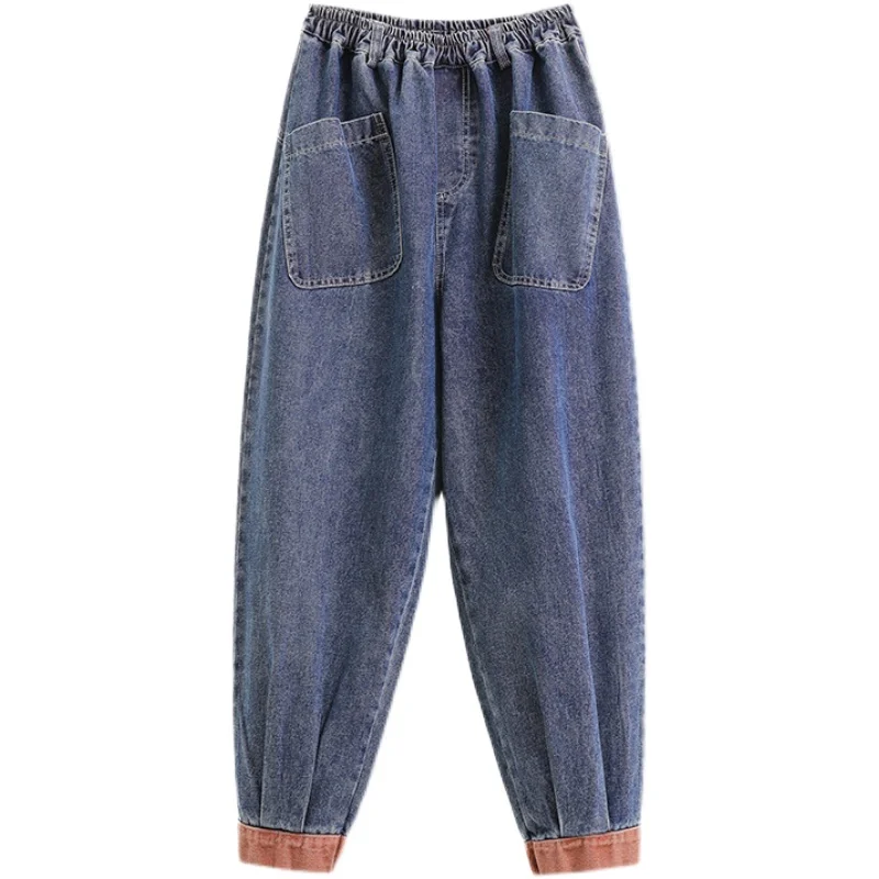 ゆったりとした女性のジーンズ ハイウエスト 9 ポイント ハーラン パンツ カラー ブロ サマー ブルー デニム オーツ パンツ 韓国 Sle