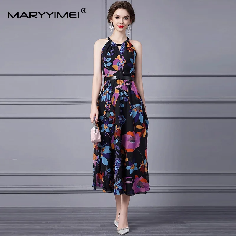MARYYIMEI Vestido de moda con cuello halter y estampado floral, cintura alta, con cordones, vestido de fiesta sexy delgado