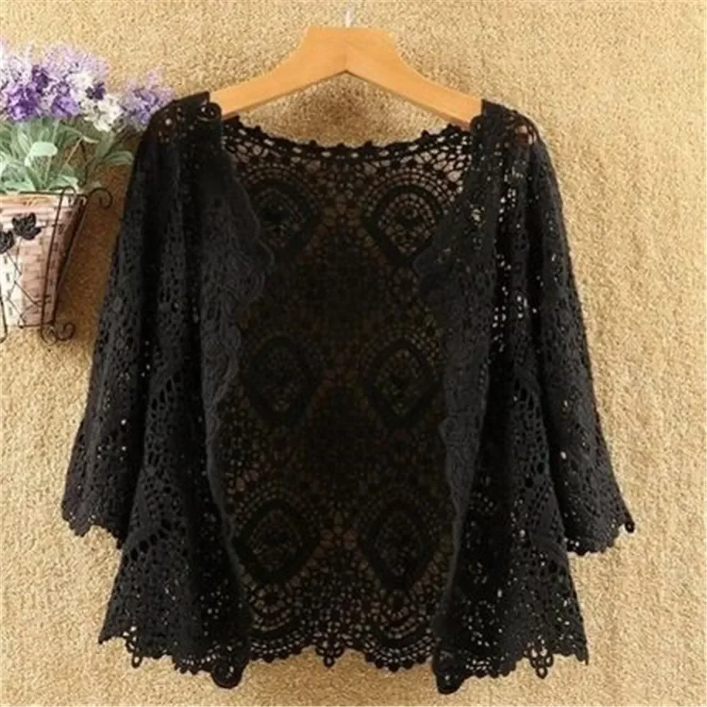 Hollow Lace Sunscreen Cardigan Sweater Women Wide Loose Air Conditioning Knitted Sweater Thin Section Female Spring Autumn V944