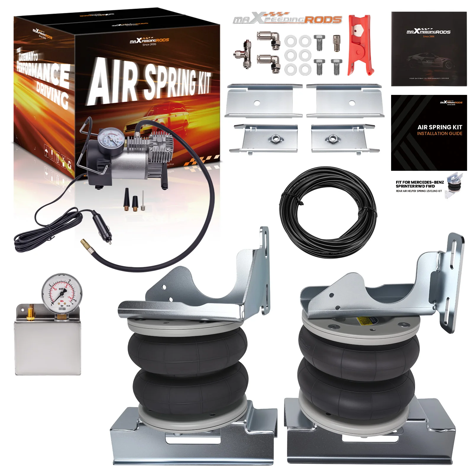 

В наличии: Комплект пневматических усилителей подвески (пневмобаллоны) для Mercedes-Benz Sprinter 2006-2020, одинарные задние колеса, RWD и FWD