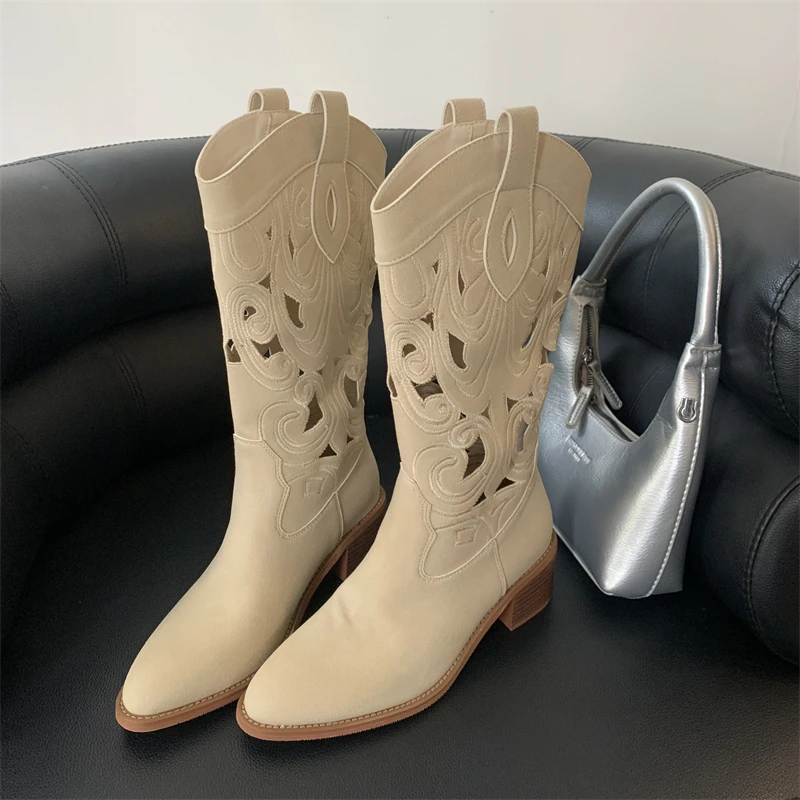 

Eilyken Spring Autumn Hollow Out Women Knee-High Boots Retro Style Western Booties Round Toe Square Low Heels Female Shoes