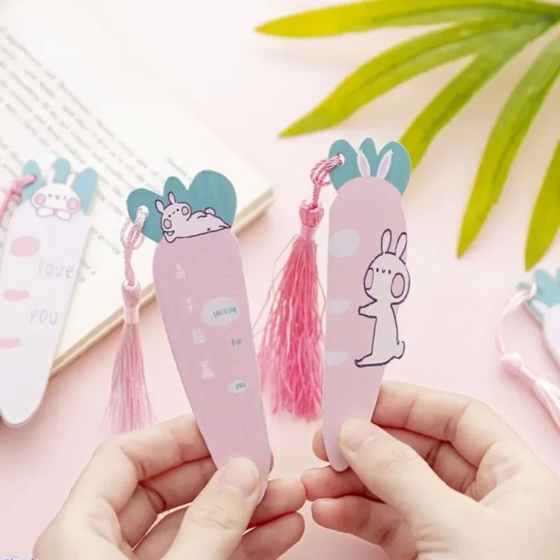 4pcs Bookmark Clip Girl Heart Carrot Rabbit Fringe Hanging Sticker Creative Cartoon Wooden Bookmarks Student Bookmark Clip