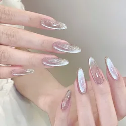 24pcs Pearlescent Cat Eyes False Nails Wearable Flash Crystal Long Almond Aurora Fake Nails Press on Finished Manicure Nail Tips
