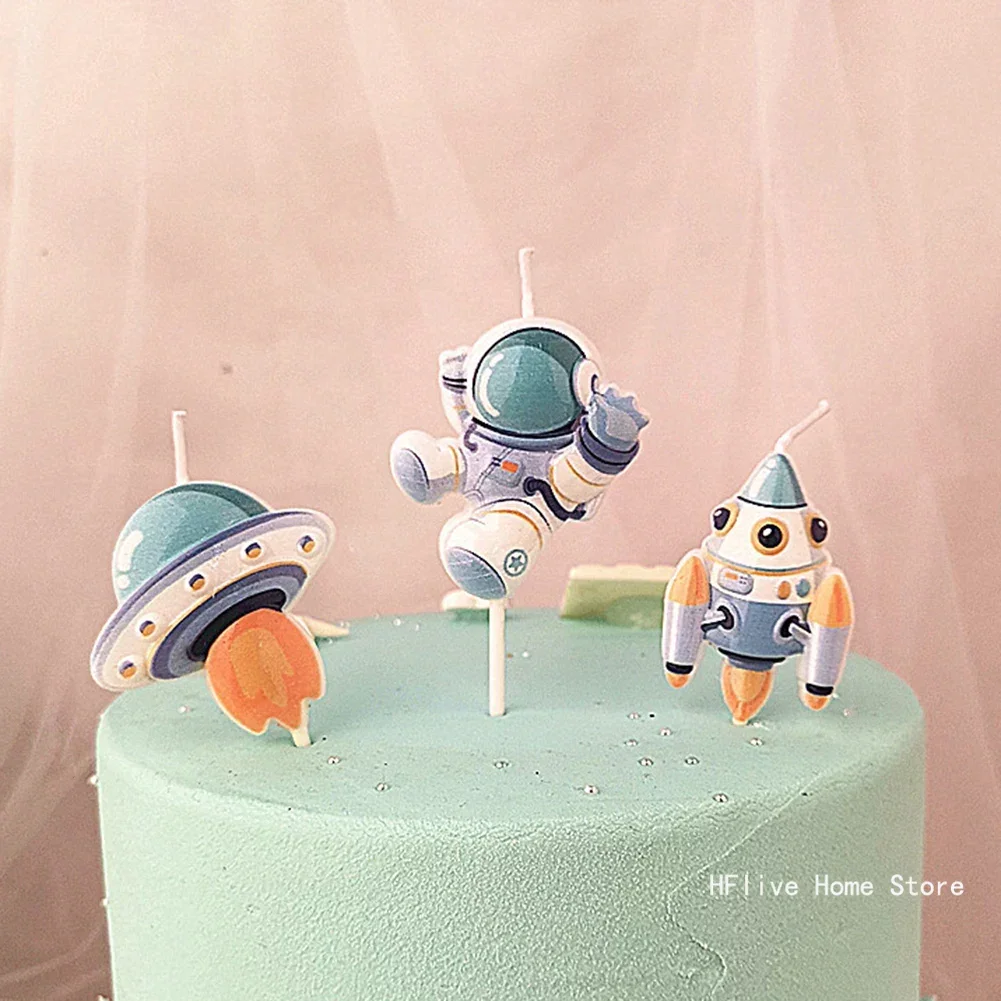 Space Astronaut Candle Birthday Party Cake Decoration Boy Girls Spaceship Cartoon Candles Cake Topper Home Decor