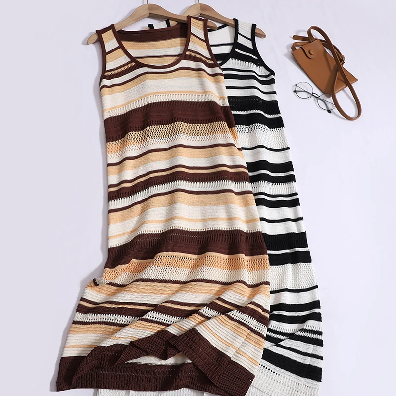 

Contrasting Color Striped Knitted Vest Dress Women's Summer Sleeveless Hollow Dress Casual Long Dress