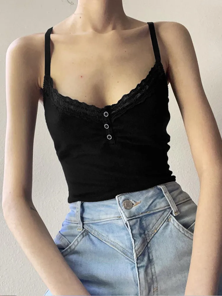 Sexy Folds Buttons Sleeveless Crop Top Black Vintage Y2K Corset Tops  Casual Basic T-shirt