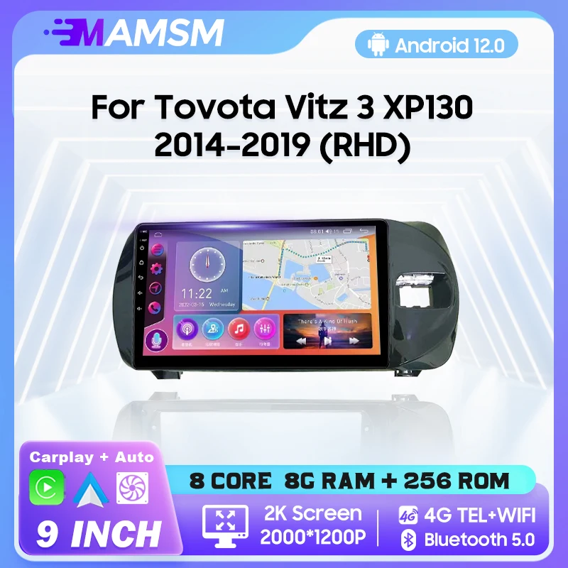 MAMSM 2K QLED Android 12 Car Radio For Toyota Vitz 3 XP130 2014-2019 Multimedia Video Player 4G GPS Carplay Autoradio Stereo