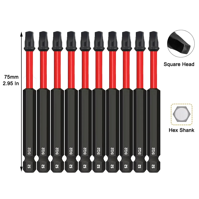 10Pcs SQ2 Impact Screwdriver Bit Set 75mm Square Driver Bit 1/4 Inch Hex Shank Magnetic Drill Bit