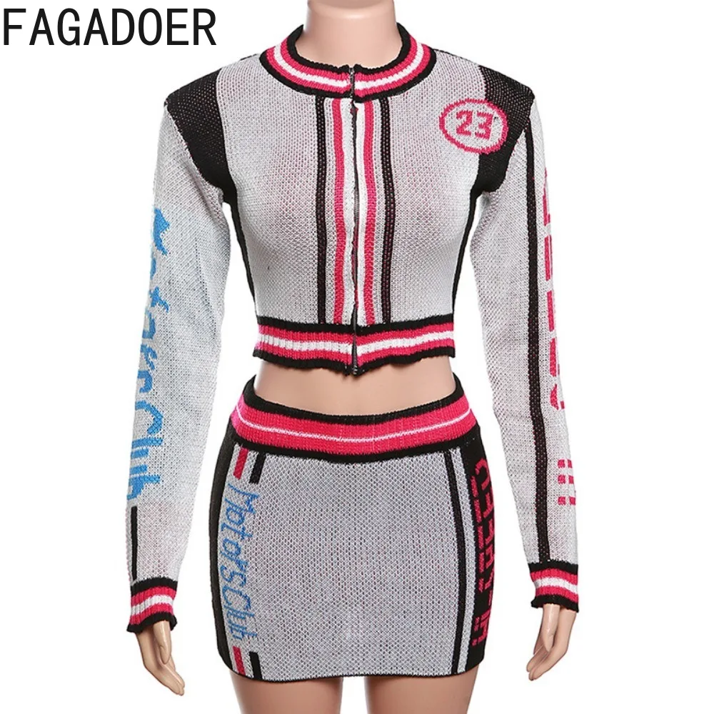 FAGADOER Fashion Y2K Knitting Print Mini Skirts Two Piece Sets Women Zipper Long Sleeve Crop Top And Skirt Outfits Spring Suits