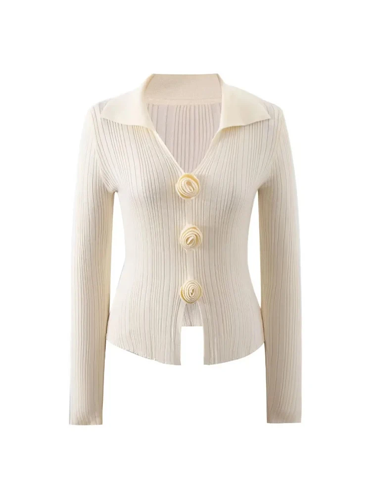 TWOTWINSTYLE Solid Patchwork Appliques Elegant Sweater For Women Lapel Long Sleeve Slimming Casual Sweater Female Autumn Fashion