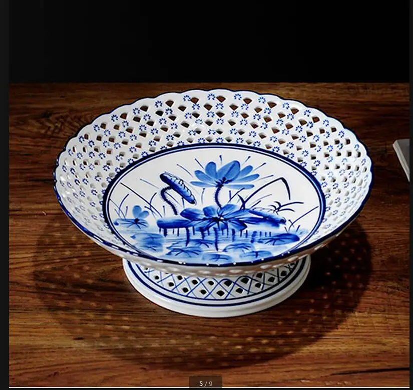 Blue and White Porcelain Fruit Plate Hollow High-leg Ceramic Dish Bowl Snack Tray Chinese Style Ornaments