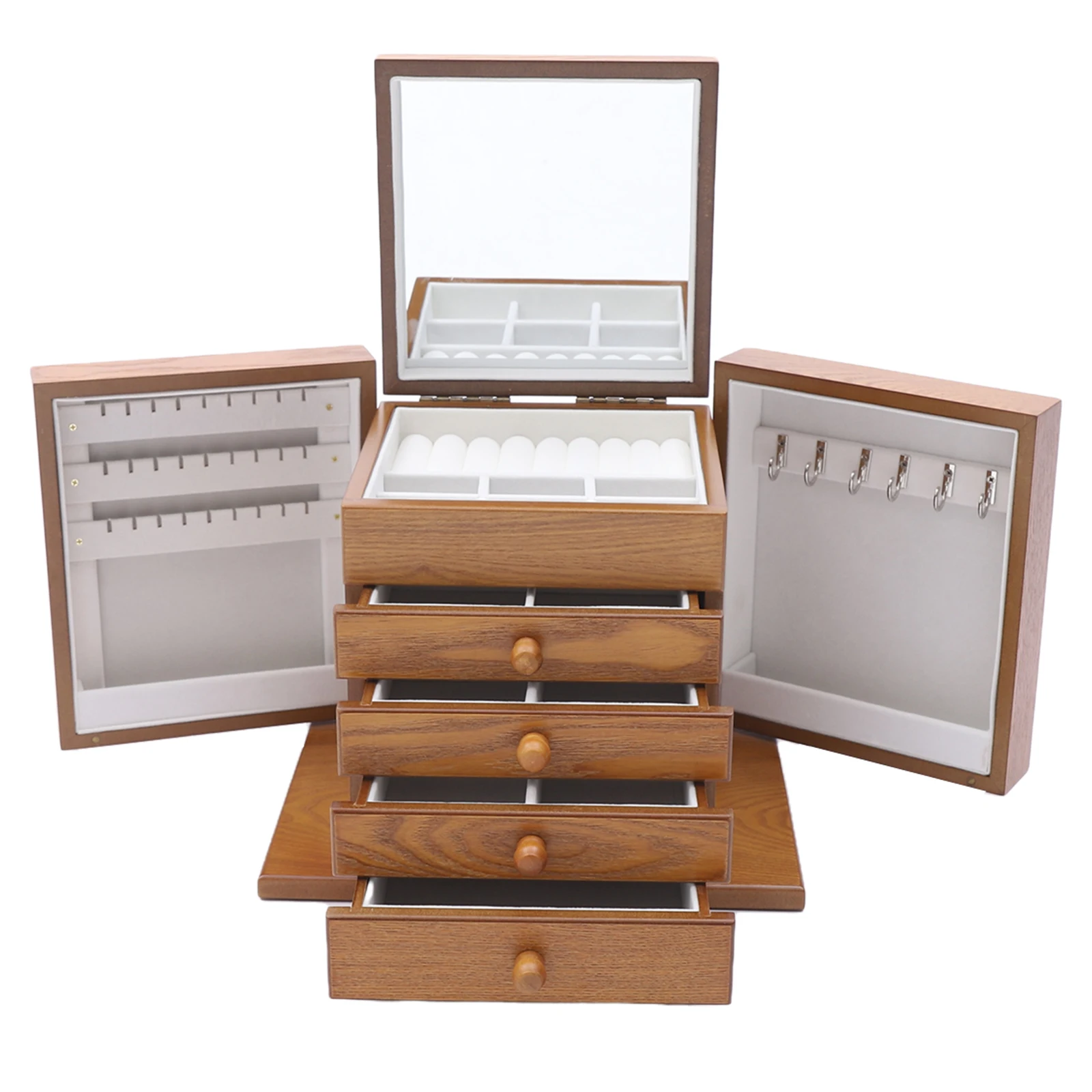 

Large Wooden Jewelry Box, 5 Layers Jewelry Storage with Mirror and 4 Drawers, Gift for Women and Girls, Necklace Ring Storage Box (Brown+Carving)
